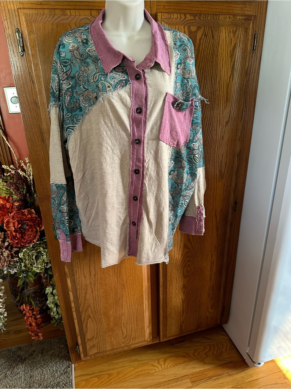 Patchwork Paisley Button-Front Blouse in Teal and Mauve